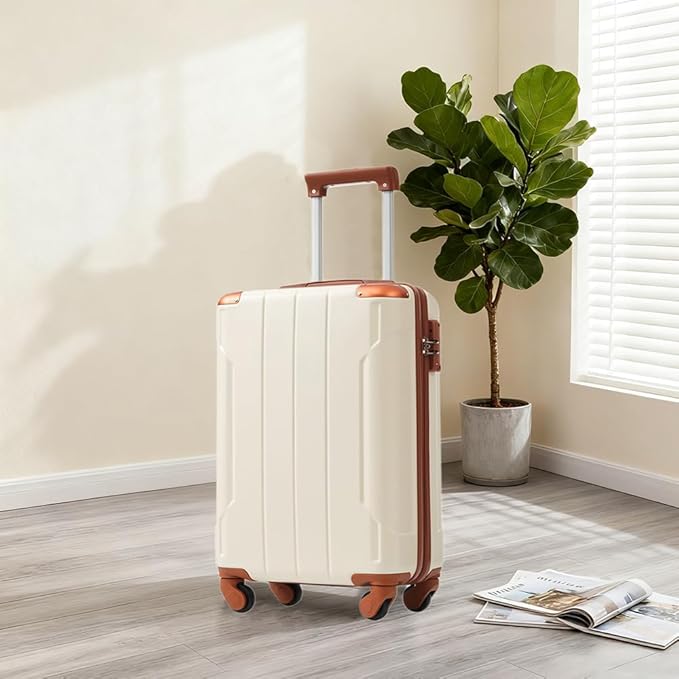 Merax Luggage Sets 2 Piece Suitcases with Wheels, Hardshell ABS Expandable and Lightweight, TSA Lock, Spinner Wheels, Carry On Luggage with Corner Guards (20 28 inch White Brown)