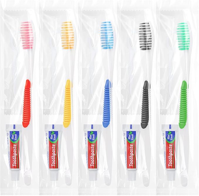 HAIFOTRVA Disposable Toothbrushes with Toothpaste and Floss,30pcs Single Use Individually Wrapped Disposable Travel Toothbrushes and Dental Floss Kit Bulk for Homeless,Airbnb,Dentist,Hotel(5 Colors)