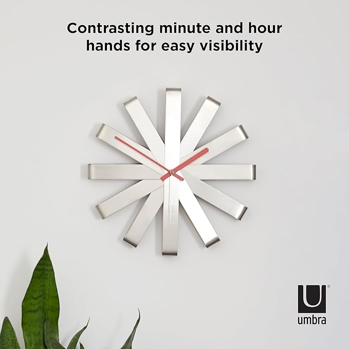 Umbra Ribbon Modern 12-inch Wall Clock, Battery Operated Quartz Movement, Silent Non Ticking Wall Clock, Stainless Steel