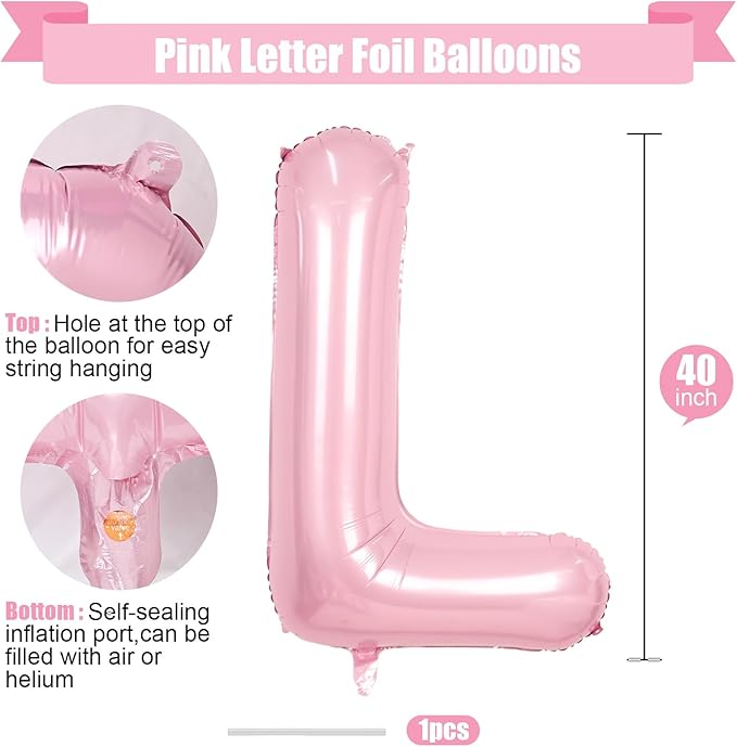 Pink Letter L Balloons,40 Inch L Letter Balloon Light Pink,A to Z Alphabet Helium Custom Pastel Letter Balloon for Birthday Anniversary Baby Shower Wedding Party Decorations