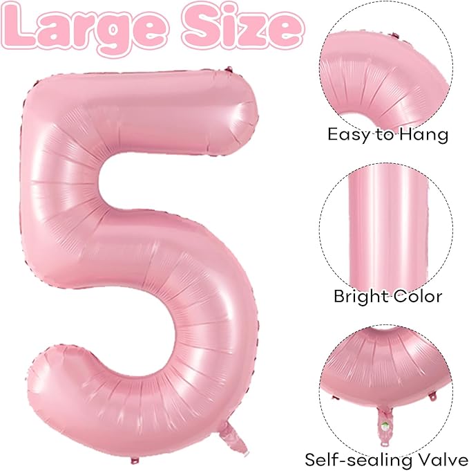 40 Inch Pink Number 5 Balloon, Light Pink Number Balloons Set 0-9, Large Baby Pink 5 Balloon Numbers, Pastel Pink Foil Digital 5 Balloons Helium for Girls Baby Shower 5th Birthday Party Decorations