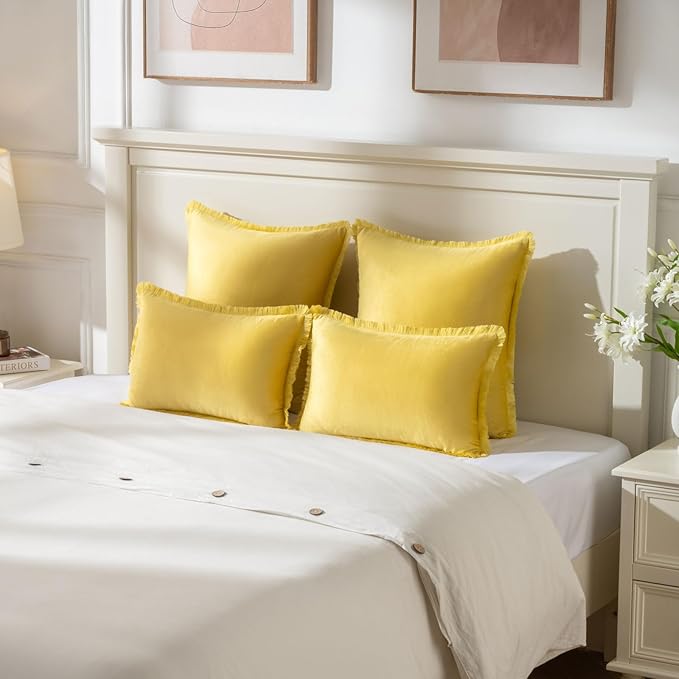 FUTEI Lemon Yellow Velvet Decorative Throw Pillow Covers 20x20 Set of 2,Soft Cozy Edge with Tassels Cushion Case,Boho Modern Home Decor for Couch Bed Living Room
