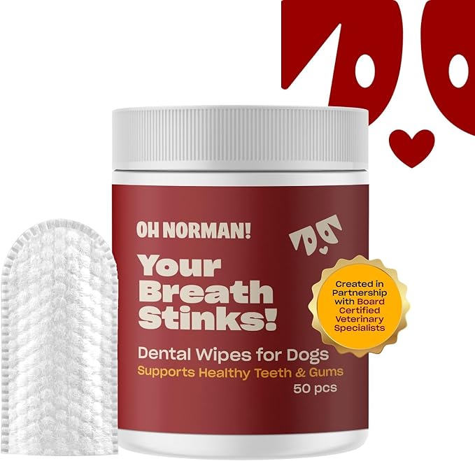OH NORMAN! Dog Dental Wipes - Vet-Approved Pet Dental Finger Wipes for Oral Hygiene & Fresh Breath - Alternative to Finger Toothbrush for Dogs - No Fuss Dog Cleaning Supplies for Daily Use - 50 pcs