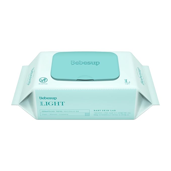 BEBESUP Korea's #1 Light Baby Wipes - Hypoallergenic, Water-Based, Unscented, Alcohol & Paraben-Free – 50 GSM for sensitive skin Flip-Top Plant Based Baby Wipes (1 Pack)