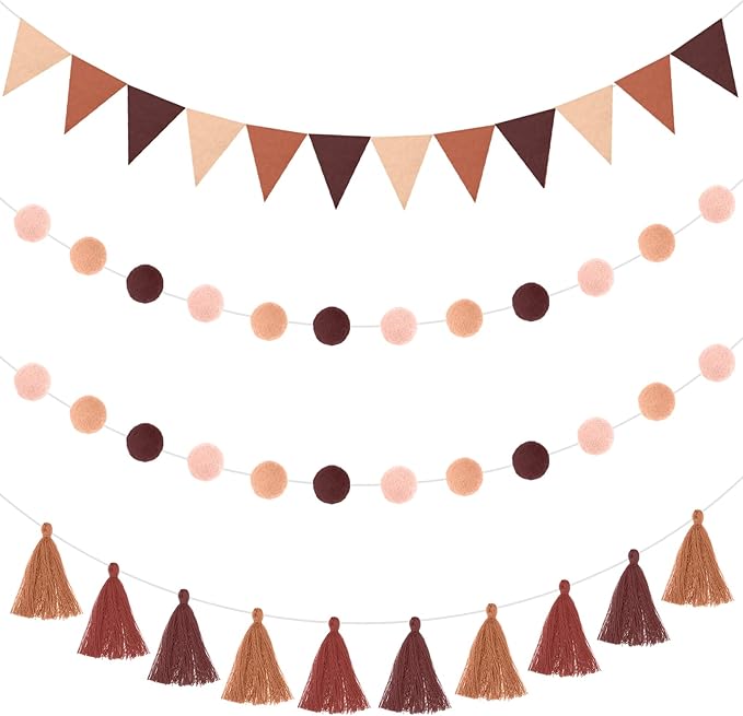 Irenare 9.8ft Pom Pom Garland Felt Rainbow Garland Graduation Party Decoration Colorful Pennant Tassel Banner Birthday Baby Shower Triangle Banner for Classroom School Mantel Fireplace(Gradient Brown)