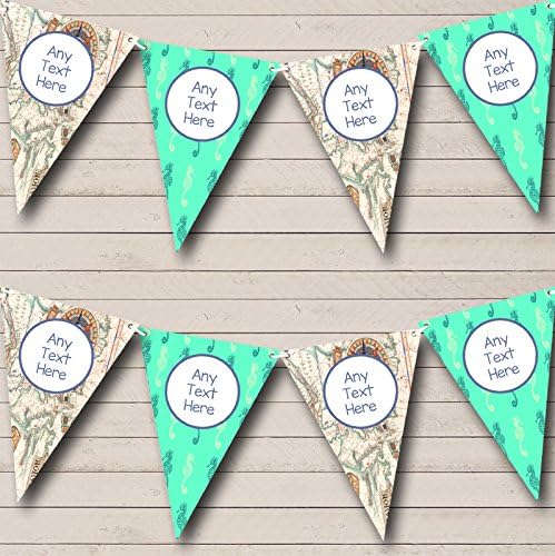 Nautical Sailing Sea Map Green Seahorse Personalized Birthday Party Bunting - Hanging Party Decoration - Birthday Party Banner Garland | Decorative Party Supplies