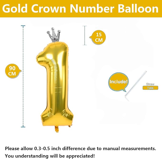 Gold Number 1 Balloon with Crown, 40 inch Gold Number Balloon 1st Birthday Party Decoration Gold Crown Balloons 0-9 for Birthday Party Anniversary Decorations Supplies