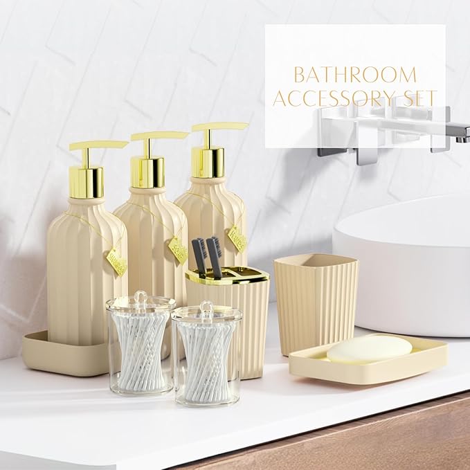 32PCS Bathroom Sets with Shower Curtain and Rugs-Beige Bathroom Accessories,Non Slip Bathroom Rugs Set with Toilet Lid Cover, Waterproof Shower Curtain, 3PC Soap Dispenser with Trash Can