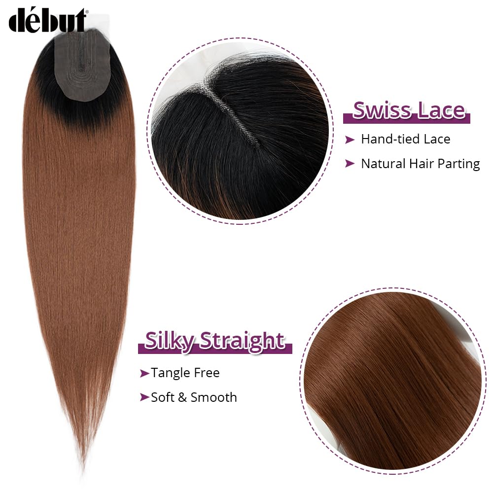 DÉBUT Silky Straight Synthetic Hair 6 Bundles with Lace Closure Long Straight Hair Bundles Weave Hand-Tied Middle Parting Lace Closure Ombre Brown 1B/30 Color for Full Head