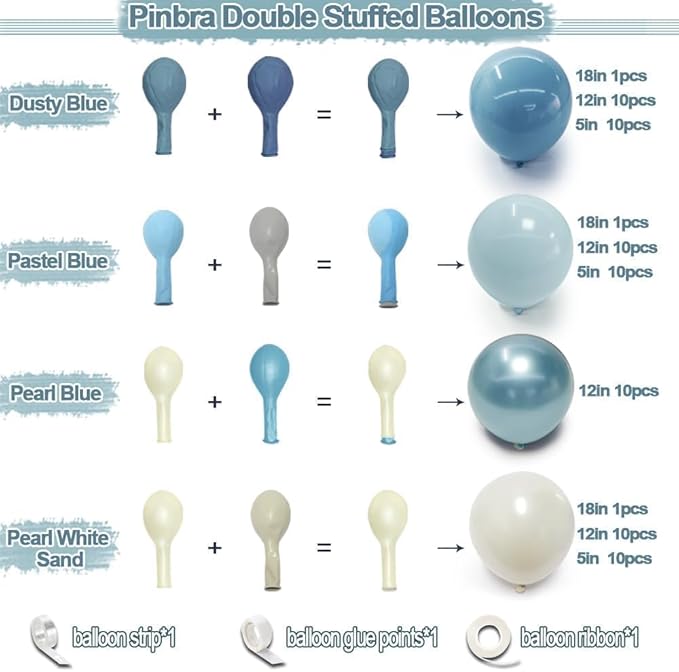 Dusty Blue Balloon Garland Double Stuffed Slate Pastel Blue White Sand Pearl Balloon Arch Kit for Baby Shower Birthday Bridal Wedding Graduation Easter Party Decorations