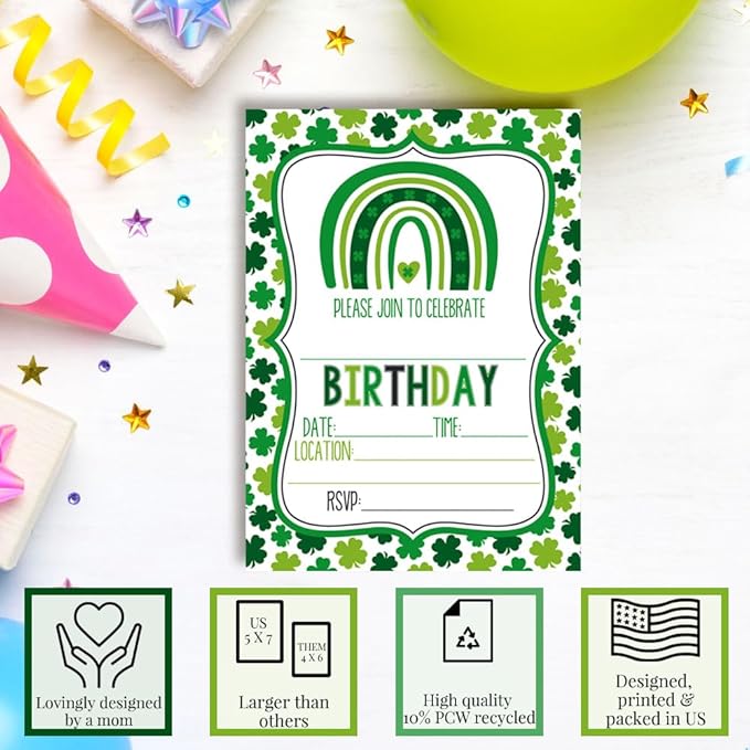 St. Patrick's Day Green Shamrock Rainbow Themed Birthday Party Invitations for Kids, 20 5x7 Fill In Cards with Twenty White Envelopes by AmandaCreation