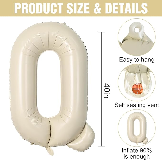 Cream Q Letter Balloons,40 Inch Letter Q Balloon Beige,Helium Custom Letter Balloon for Birthday Anniversary Party Decorations