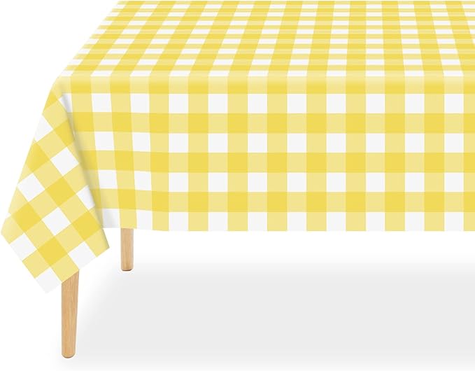 QIKSION Yellow Gingham Tablecloth Disposable 12 Pack, 54 x 108 Inch Yellow and White Checkered Table Cloth for Easter Decorations, Birthday Party Supplies, Rectangle, Plastic Table Cover
