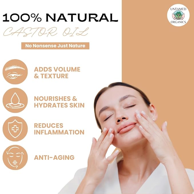 100% Organic Castor Oil Roll On For Eyebrows, Lips, Under Eyes, Eyelashes, Cuticles - Mess Free Roller Ball - Certified Organic, Cold Pressed, Hexane Free - Travel Sized Glass Bottle