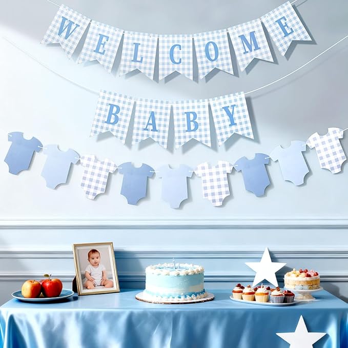 Baby Boy Baby Shower Banner, 2 PCS Pre-strung Blue Gingham Welcome Baby and Body Cloth Banner for Baby Boy Shower Party Decoration (welcome baby-bodysuits)