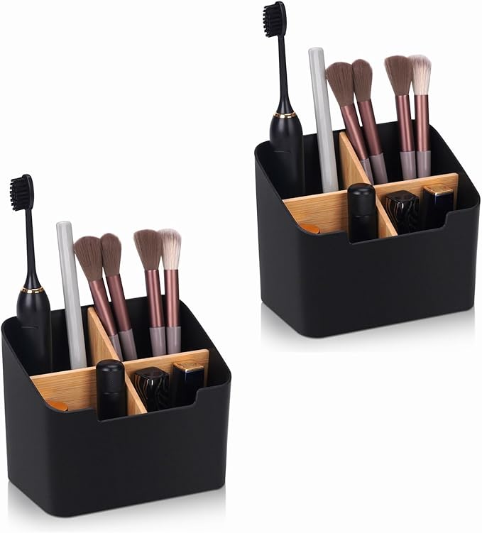 Set of 2 Black Toothbrush Holders for Bathrooms,Electric Toothbrush and Toothpaste Holder with Divider for Bathroom Countertop Organizer,Toothbrush Caddy for Counter Vanity Storage