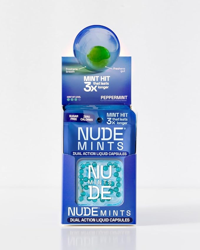 NUDE MINTS | Dual Action Liquid Capsules | Mouth Watering Mint - Lasts 3X Longer - 3X Stronger - Extreme Bad Breath Treatment For Adults - Sugar Free, 0 Calorie - Peppermint - 5 Pack - 150 Capsules
