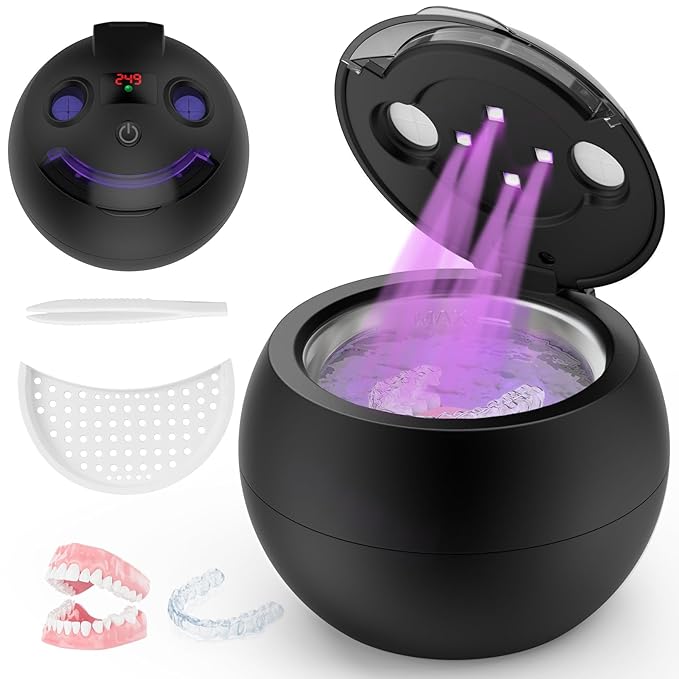 Dental Ultrasonic Retainer Cleaner - 48kHz Dental Cleaning Pod for Denture, Braces, Mouth Guard, Toothbrush Heads, Jewelry, 4 Modes Retainer Cleaner Machine with Digital Timer & 200ML,Black