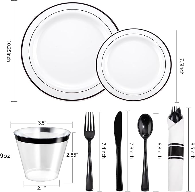 WELLIFE 350Pcs Black Plastic Dinnerware with Pre Rolled Napkins, Include:50 Dinner Plates, 50 Dessert Plates, 50 Paper Napkins, 50 Cups, 150 Plastic Cutlery