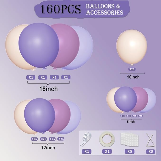 Boho Dusty Purple and Pastel Orange Balloon Garland Arch Kit, 160Pcs Purple Lavender Pastel Purple Balloons for Gender Reveal Wedding Birthday Bridal Baby Shower Bachelor Party Decorations