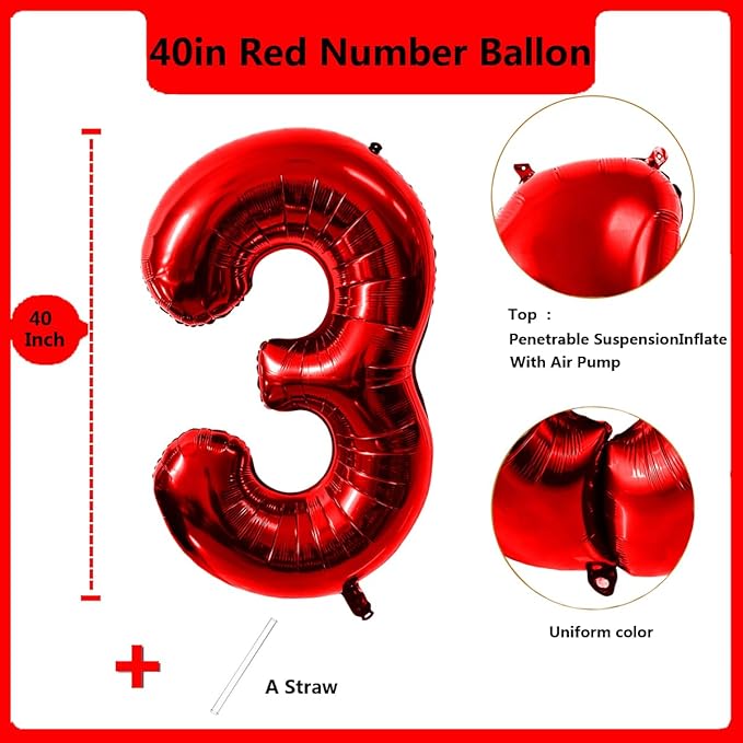 40 Inch Red Number 3 Balloon Large Red Foil Balloon Red 3 Balloons Mylar Helium Balloon for 3rd Birthday Party Decorations Girls Boys Baby Shower Wedding Anniversary Decoration