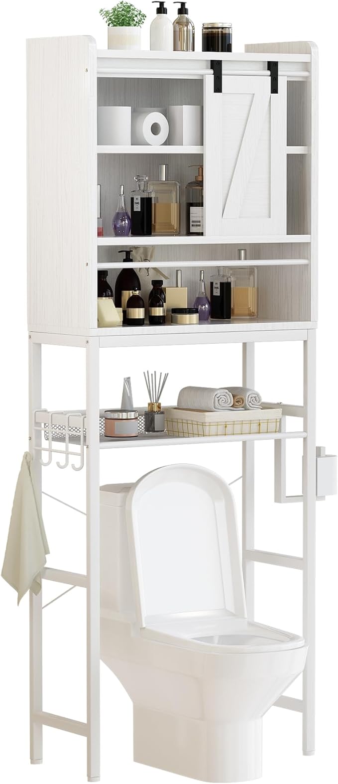 AWQM Over The Toilet Storage CabinetFreestanding Bathroom Organizer with AdjustableShelf & Paper Hook,Space-Saving Toilet Rack,White Retro Style (White, Sliding Door)