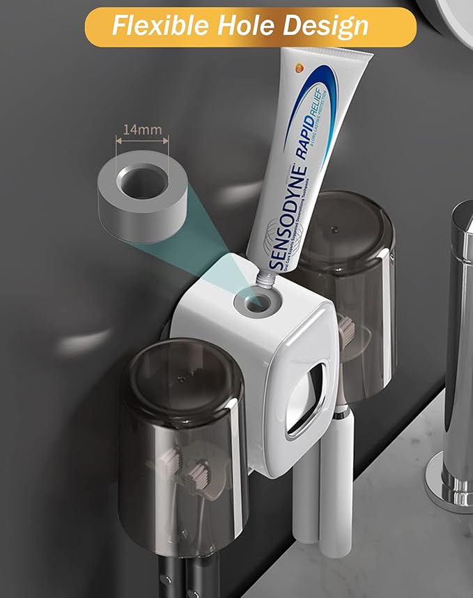 WAYCOM Toothpaste Dispenser Bathroom Accessories, 2 Cups Toothbrush Holder Wall Mounted Bathroom Decor Smart Home Products Tooth Brushing Holder with Automatic Toothpaste Dispenser Bathroom Organizer