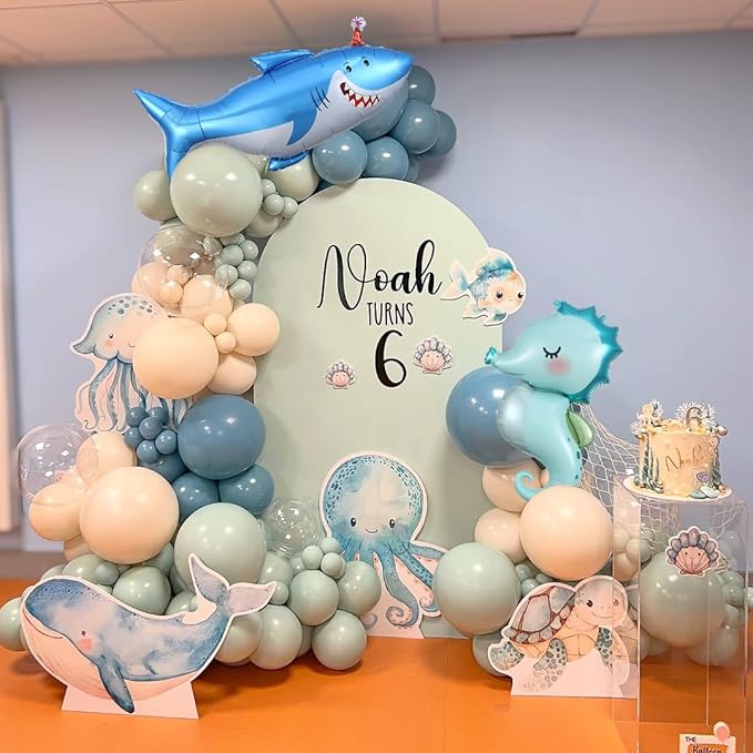 Under the Sea Party Decorations, 154pcs Slate Blue Mist Green Balloon Garland Arch Kit, Bubble Balloons with Dolphin Shark Hippocampus Foil Balloon for Ocean Birthday Party Supplies Shark Party Decor
