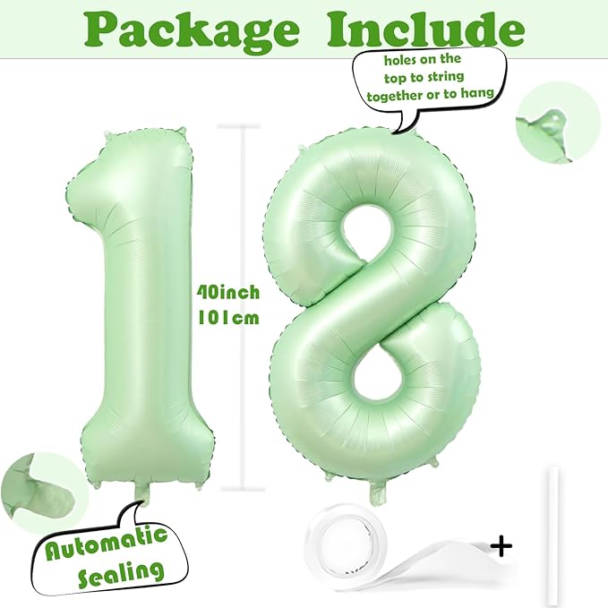 40 Inch Number 18 Balloons, Olive Green Giant Jumbo Helium Number 18 Foil Balloons for 18th 81th Birthday Party Anniversary Events Boys Girls Decorations Supplies