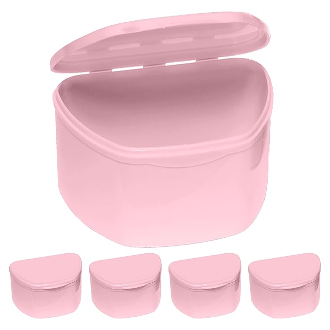PlastCare USA Pink Denture Cases Pack of 5 - Dental Box For Artificial Teeth, Mouth Guard, Night Guard, Gum Shields, Retainer - Denture Bath Container for Women and Men - Travel Denture Cup