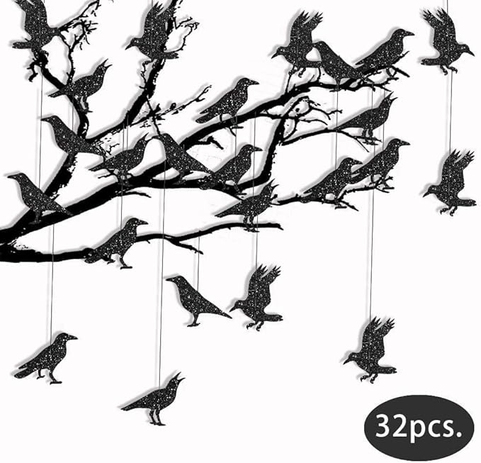 Cheerland Glitter Black Crow Garland Halloween Decorations for Gothic Gatherings Emo Party Tree Hanging Decoration Bird Raven Banner Decal Backdrop Centerpiece for Theme Birthday Party Supplies