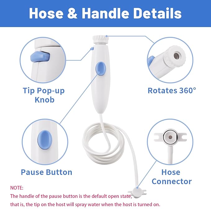 Replacement Hose and Handle Parts Compatible with Waterpik Water Flosser WP-100 WP-140 WP-150 WP-900 Series Oral Irrigator, Plastic Handle, Oral Hygiene Accessories (Pause Button)