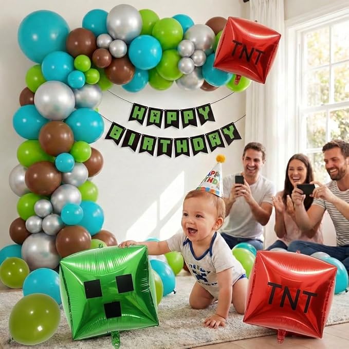 127Pcs Video Game Balloon Arch Garland Kit with Green Teal Blue Brown Metallic Silver Balloons, for Gaming Theme Party Decor, Birthday Party Supplies, Kids' Party Crafts and Decorations