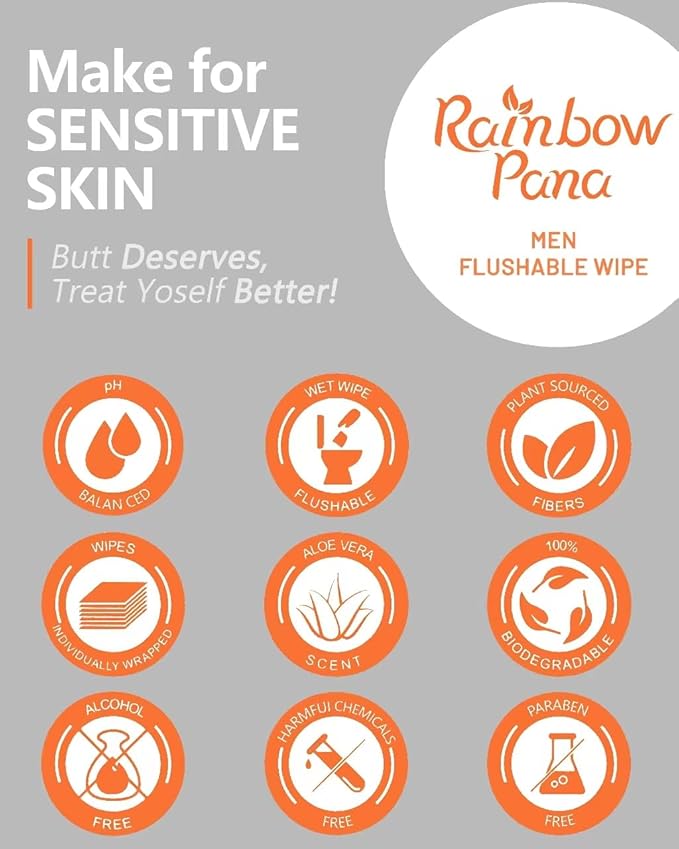 RainbowPana 120 Count Flushable Wipes for Men: ON-THE-GO, Individually Wrapped | Butt Wipes, Travel Wipes | Lightly Scented - Vitamin C, E, Aloe, Plant Extract | Hypoallergenic, Sensitive Skin