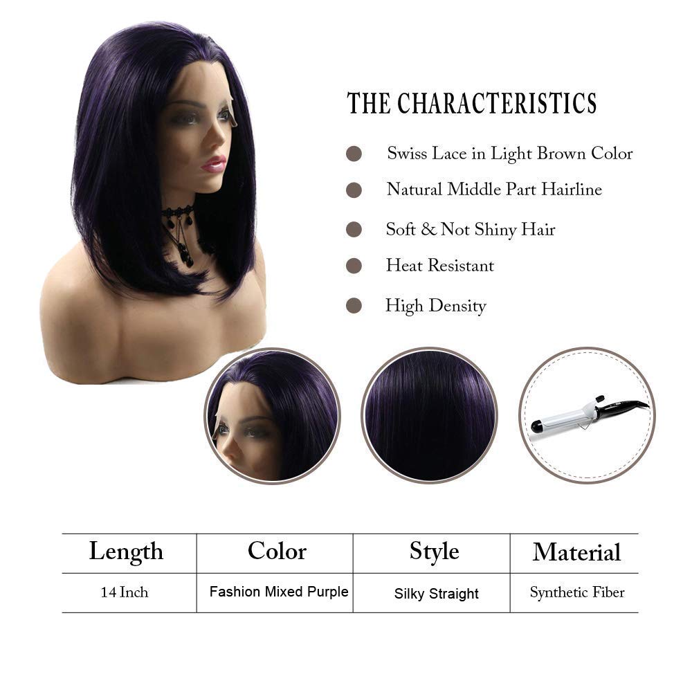 Short Bob Lace Front Wigs with Baby Hair Blend Purple Shoulder Length Natural Hairline Glueless Synthetic Silky Straight Wig for Black Women Heat Safe Fiber Cosplay Costume Daily Summer Wigs 14 Inch