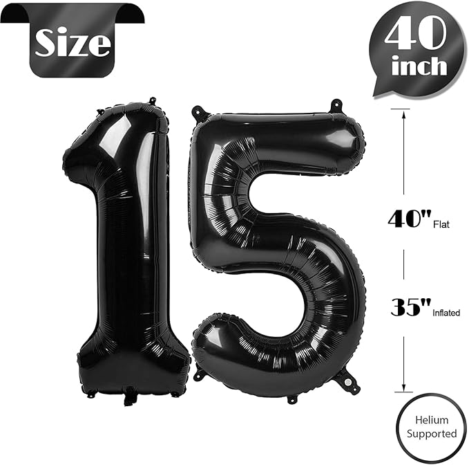 15 Balloon Number, Black Number 15th Birthday Balloons 40 Inch, Sweet 15 Years Old Black Birthday Decorations for Boys Girls, 15th Anniversary Decorations