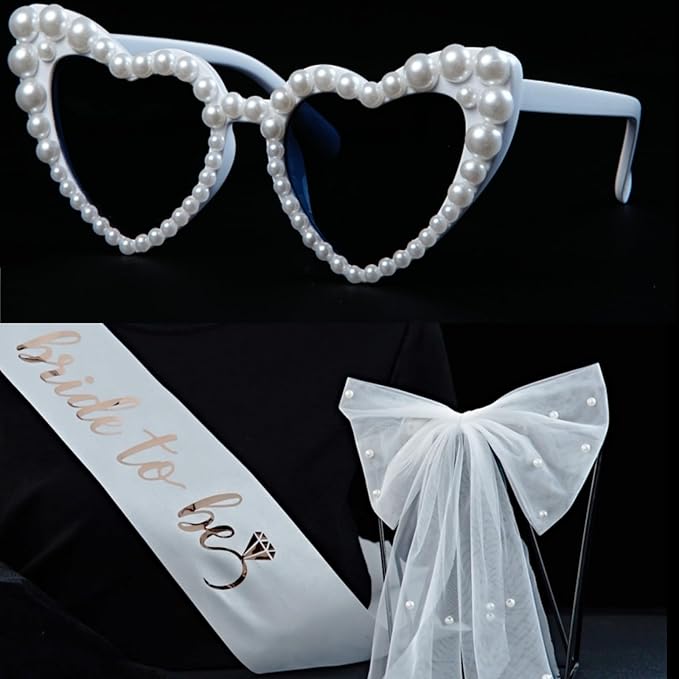 Bride Bachelorette Party Accessories 3 Pcs,Bride To Be Sash,White Veil,Pearl Heart Sunglasses for Bridal Wedding Favors Gifts (White)