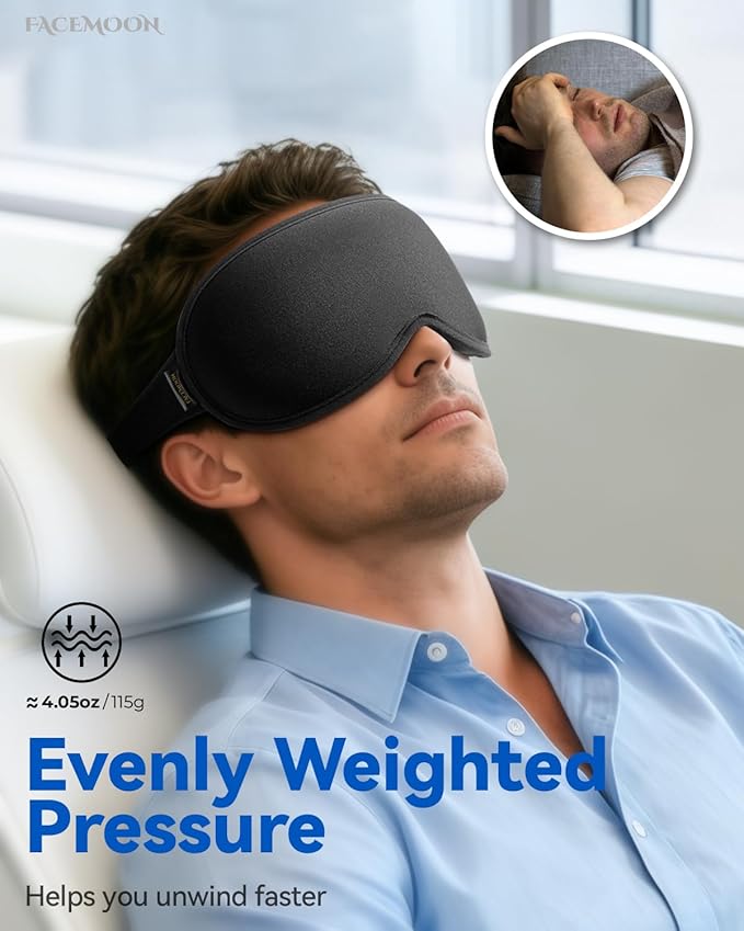 Weighted Blackout Sleep Mask for Men, 3D Contoured Zero Eye Pressure, Lash-Friendly Deep Eye Cups, Adjustable Slide Buckle Strap, Office Nap & Business Travel Essential, Relaxation Gift for Him(Black)