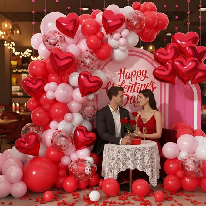153pcs Valentines Day Balloons Garland Arch Kit, Red Pink White Confetti Heart Balloons Red Heart Foil Balloons Arch for Galentine's Day Wedding Anniversary Engagement Party Decorations