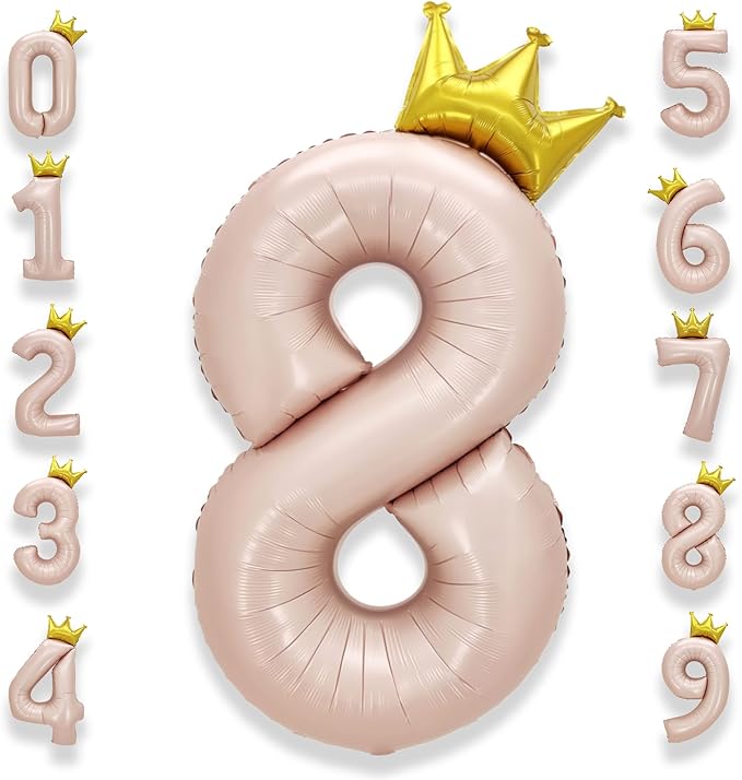 AULE 40 Inch Big Pink 8 Balloon Number with Crown Large Foil Helium Number Balloons 0-9 Jumbo Giant Happy 8th Birthday Party Decorations Huge Mylar Anniversary Party Supplies