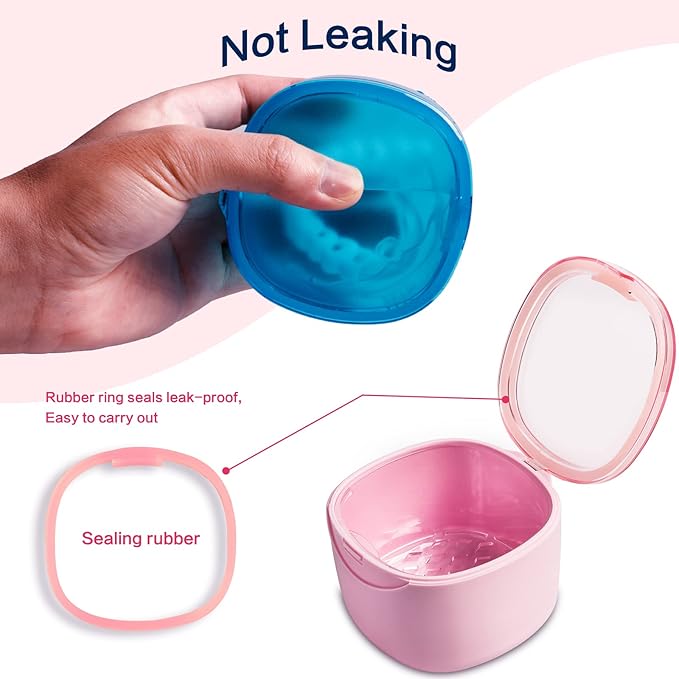 Denture Bath Case, Retainer Cleaning Box, No-Leak Denture Case, Mouth Guard, Night Guard and Retainer (pink)