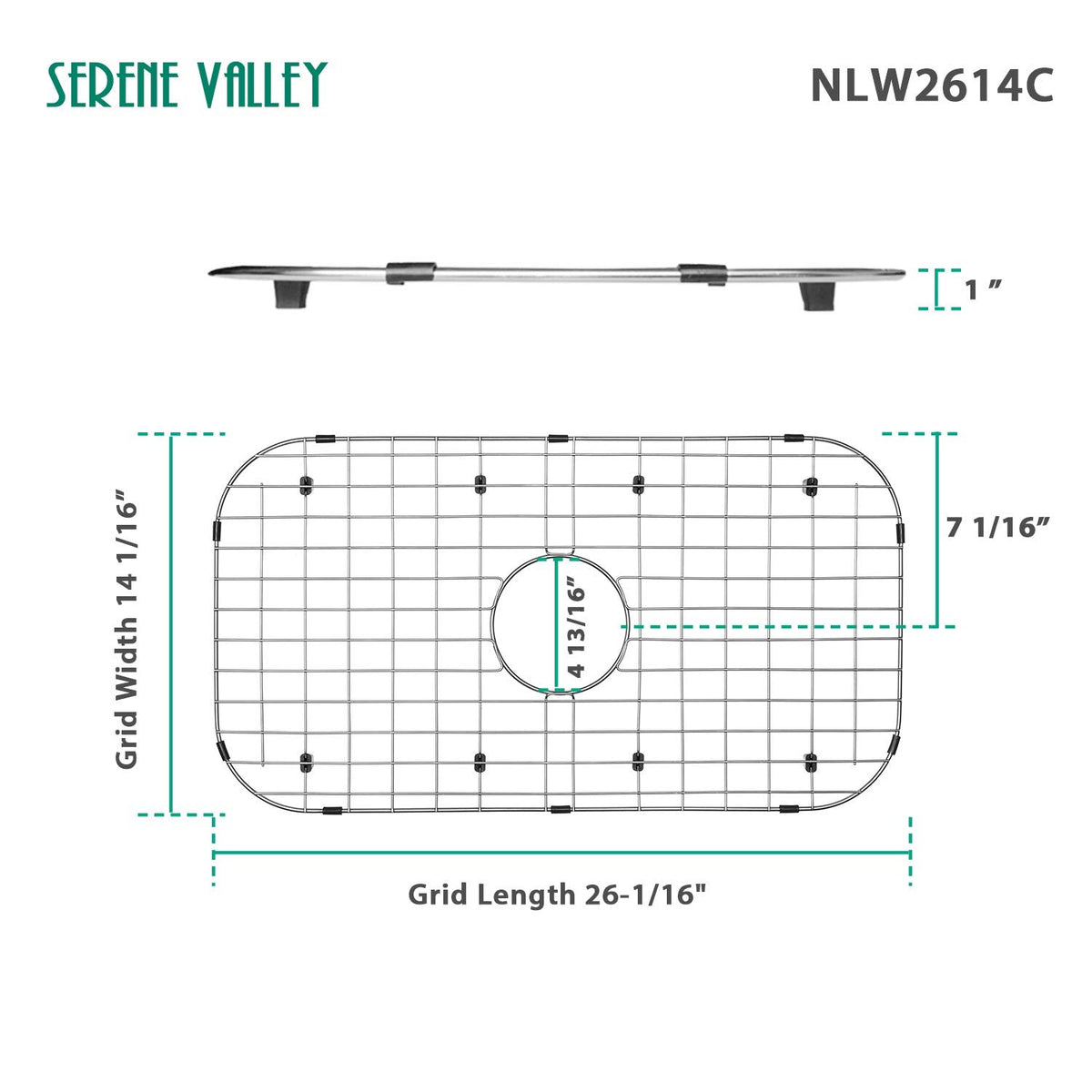 Serene Valley Sink Protector Grid 26-1/16" x 14-1/16", Centered Drain with Corner Radius 3-1/2", 304 Stainless Steel Material NLW2614C