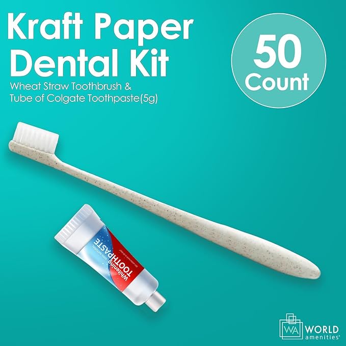 World Amenities Kraft Paper Dental Kit - Wheat Straw Toothbrush and Toothpaste Dental Care Kit (100)