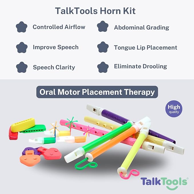 TalkTools Horn Kit | Oral Motor Placement Therapy | Improve Speech, Tongue Lip Placement | Reduce or Eliminate Drooling | Abdominal Grading | Controlled Oral Airflow, and Speech Clarity - 12 Tools