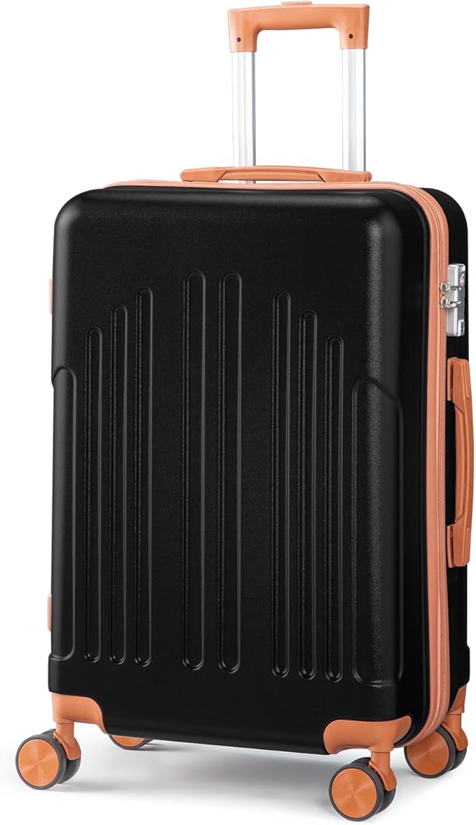 Karl home 24in Checked Luggage with TSA Lock, ABS Hardshell Check-in Suitcase with Spinner Wheels, Durable Medium Suitcase Rolling Luggage for Business Travel, Black & Brown