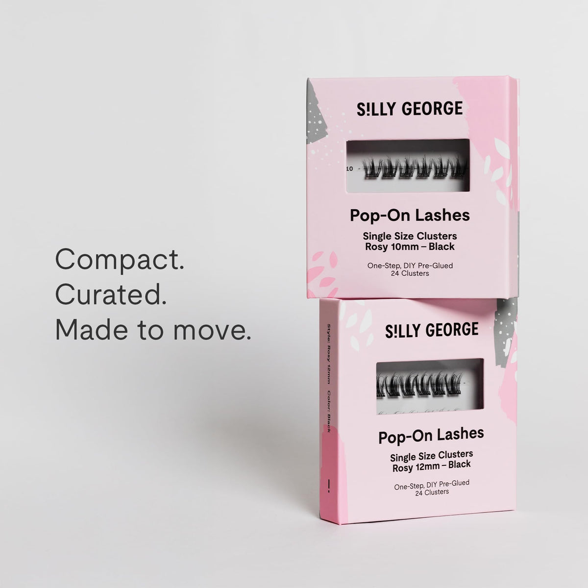 Silly George Single-Size Pop-On Lashes - DIY 1-Step Pre-Glued Faux Eyelash Cluster Kit, Natural Look Extensions, Pack of 24 Individual Clusters, Black - Rosy, 12mm