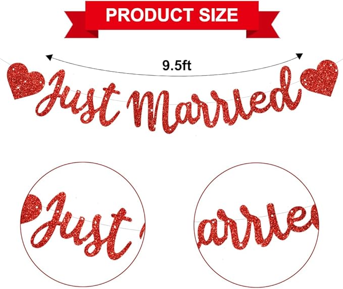 BEISHIDA Red Just Married Banner - NO DIY, Glitter Wedding Party Banner,Just Married Signs, Bachelorette/Bridal Garland,Engagement Party Decor Supplies, Wedding Reception Party Decorations.