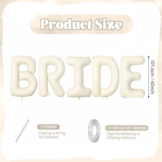 Biapian 40 Inch BRIDE Letter Balloons, Big Cream BRIDE Foil Balloons, 5 Pcs Giant Foil Large Aluminum Balloon Helium for Wedding Bridal Shower Anniversary Engagement Bachelorette Party Decoration