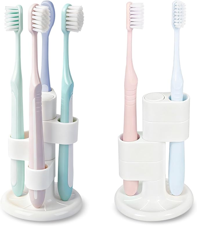 2 Pack 360° Rotating Toothbrush Holder for Bathroom, 4-Slot Toothbrush Storage Organizer with Non-Slip Base, Compact Toothbrush Bathroom Countertop Holders for Family Tooth Brushes, White