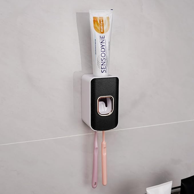 2 Slot Toothbrush Holder and Toothpaste Dispenser Wall Mounted, Automatic Toothpaste Squeezer, 2 in 1 Tooth Brush Toothpaste Organizer for Shower (Black 2Pack)